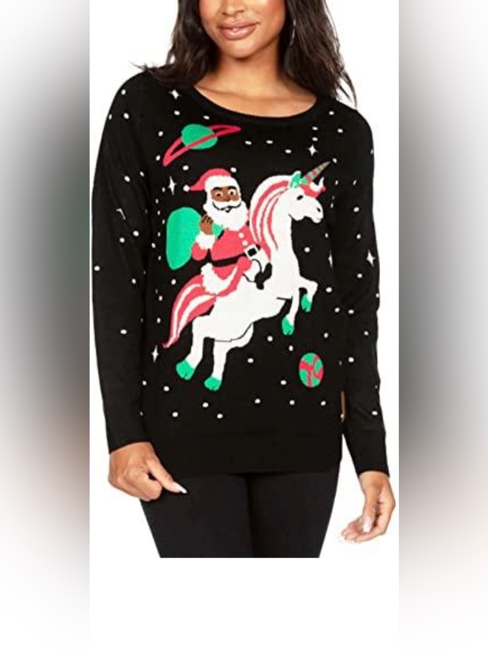 Tipsy elves Black Holiday Sweater with Santa Riding Unicorn- brand new